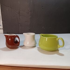 Set of Three Vintage Ceramic Creamers - Brown, White, Green RestaurantWare